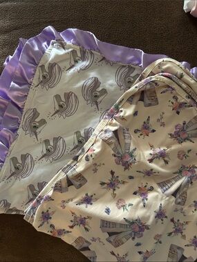 Unicorn & Floral Ruffle Baby Blanket Set - Lavender and Cream